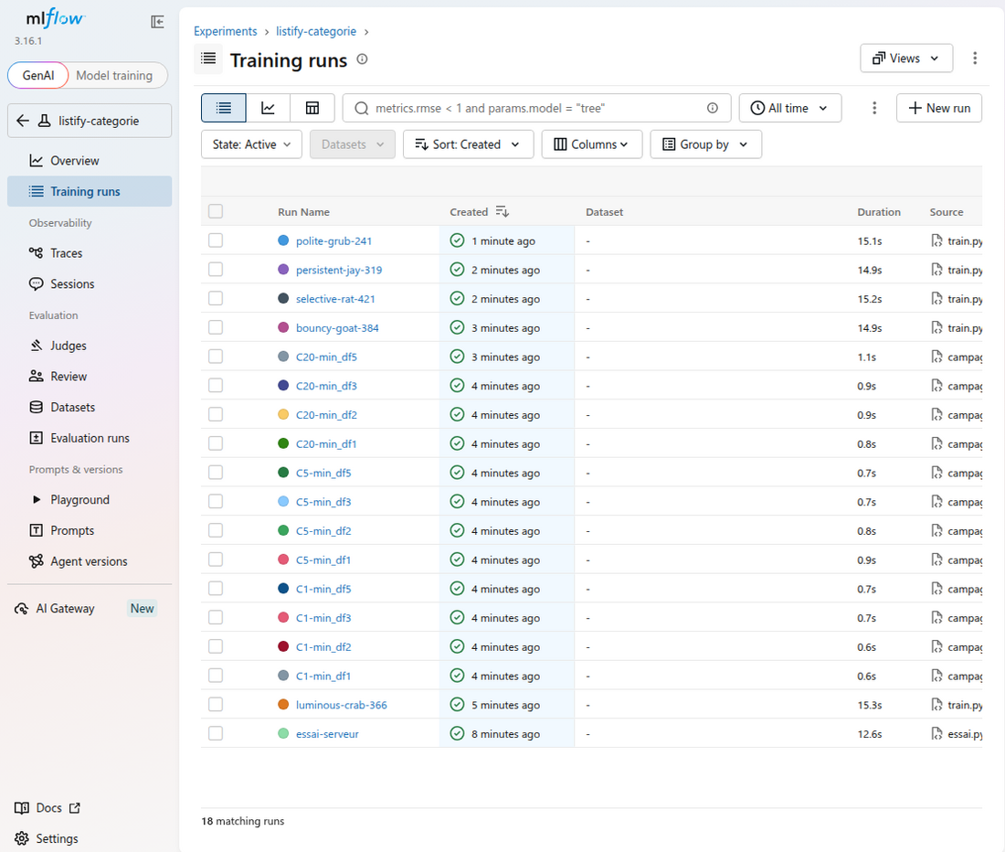 Copie d'écran de l'interface MLflow : la table Training runs de l'expérience listify-categorie liste dix-huit exécutions, dont les douze de la campagne, nommées C20-min_df5, C20-min_df3, C5-min_df2, etc., avec leur durée et leur script source (campagne.py ou train.py).